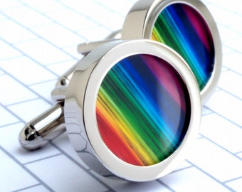 Matching Rainbow Cufflinks and Tie Clip Bar Colorful Cufflinks to Wear with Pride PC026