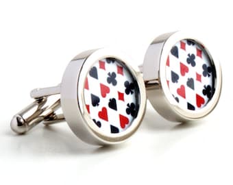 Playing Card Cufflinks - Black and Red Pattern of Hearts, Clubs, Diamonds and Spades