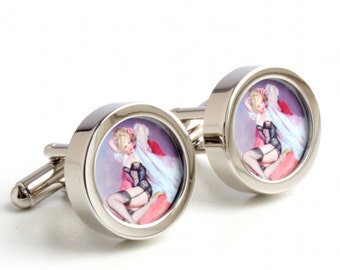 Pinup Cufflinks of a Blonde in a Black Corset, 1950s Vintage Style PC297