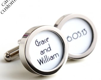 Custom Wedding Cufflinks for the Groom with the Names of the Bride and Groom and their Wedding Date in 1920s Art Deco Lettering