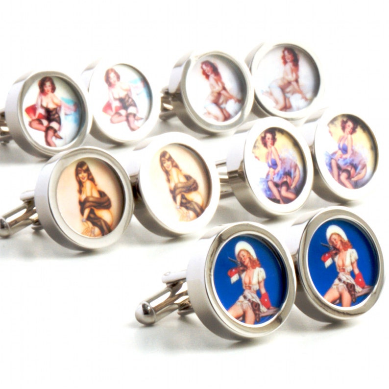 Vintage Pinup Cufflinks of a Brunette in Black Stockings image 2