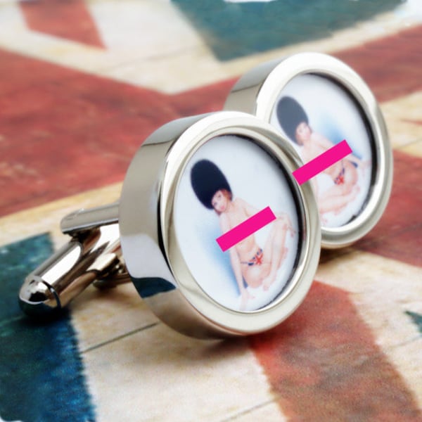 Mature British Nude Cuff Links Pin Up Girl in Union Jack Knickers and Busby