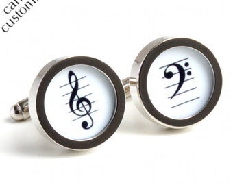 Cufflinks for Musicians Treble Clef and Bass Clef in Black and White PC396