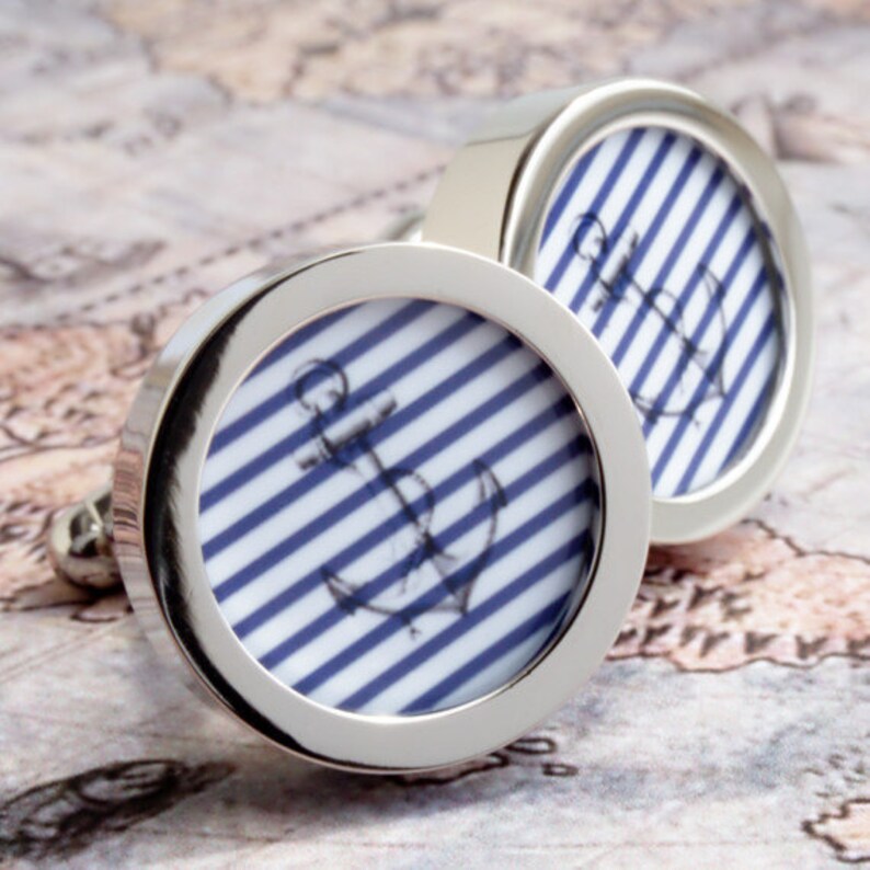 Nautical Anchors Design Cufflinks – Cadogan Gifts, Black & White, Rhodium Plated, Square