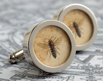 Bee Cufflinks Vintage Steampunk Illustration Insect Cufflinks Honey Bee Personalized Colour Groomsmen Gift Mens Accessories PC490