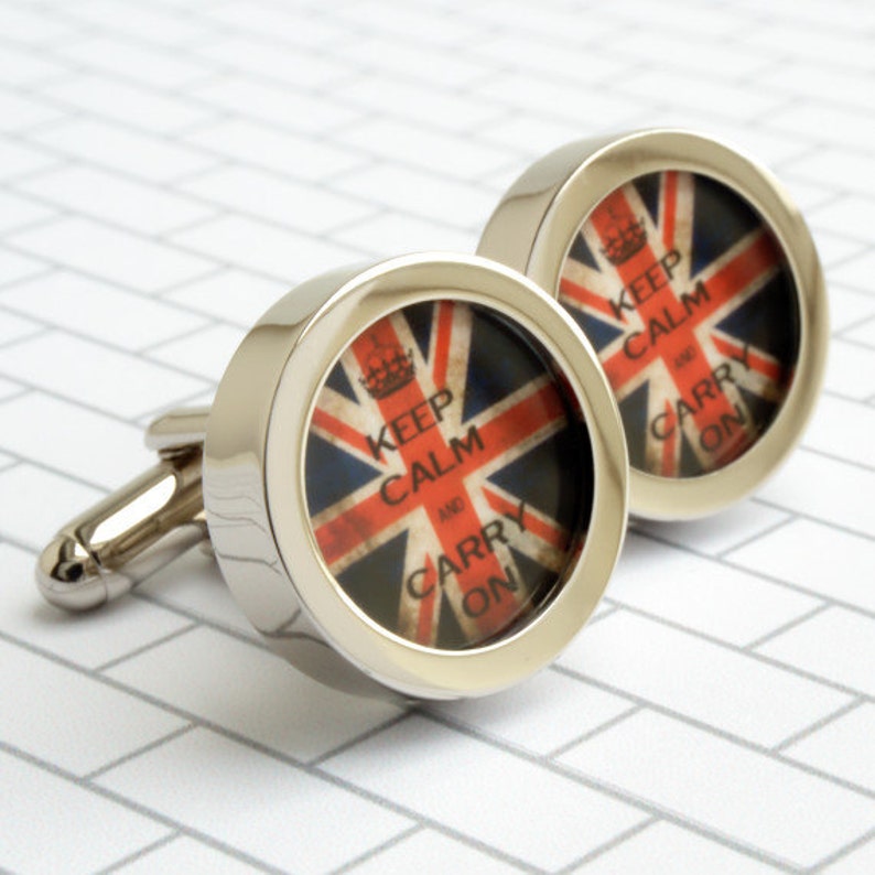 Keep Calm and Carry On Cufflinks on a Vintage Union Jack Background PC560 image 1