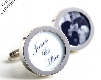 Groom Custom Cufflinks with the Names of the Bride and Groom and a Photo of the Happy Couple PC441