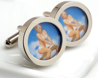 Vintage Swimwear Pin Up Cufflinks of Woman in a White Bikini PC336