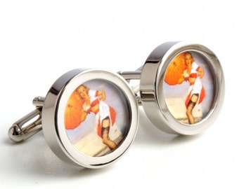 Vintage Blonde Pinup Cufflinks - Red Umbrella and Black Stockings PC299