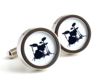Drum Kit Cufflinks in Black and White Silhouette for Musicians PC254