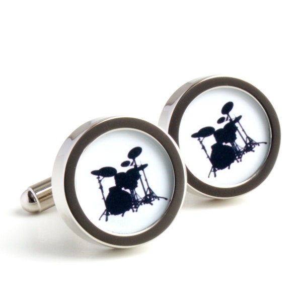 Drum Kit Cufflinks in Black and White Silhouette for Musicians PC254