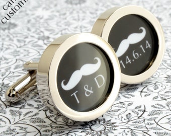 Moustache Cufflinks with Initials and Date for Grooms and Weddings - Custom Wedding Cufflinks PC571