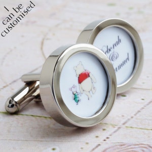 Winnie the Pooh and Piglet Cufflinks with Names of the Bride and Groom Custom Wedding Cufflinks for the Groom PC576 image 1