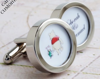 Winnie the Pooh and Piglet Cufflinks with Names of the Bride and Groom - Custom Wedding Cufflinks for the Groom PC576