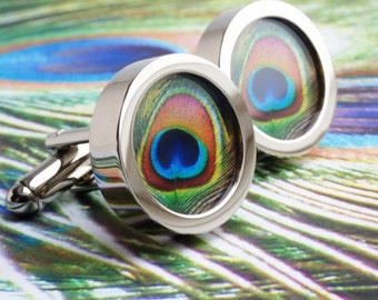 Wedding Cufflinks Peacock Feathers for a Groom Gift, Groomsmen or Special Occasions PC498