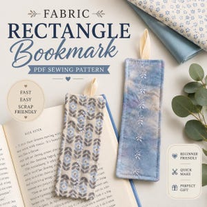May include: A PDF sewing pattern for a fabric rectangle bookmark. The image displays two rectangular fabric bookmarks with cream-coloured ribbon tabs. One bookmark features a blue and grey floral pattern, while the other has a blue tie-dye effect.