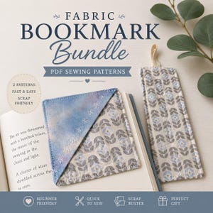 May include: A fabric bookmark bundle PDF sewing pattern featuring a corner bookmark with blue tie-dye and floral fabric, and a rectangular bookmark with a matching floral print. Text includes FABRIC BOOKMARK Bundle PDF SEWING PATTERNS.