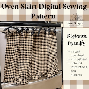 May include: A black and beige gingham oven skirt digital sewing pattern featuring a ruffled bottom edge and black fabric ties. The text reads Oven Skirt Digital Sewing Pattern, sun & spool, and Beginner Friendly with bullet points for download.