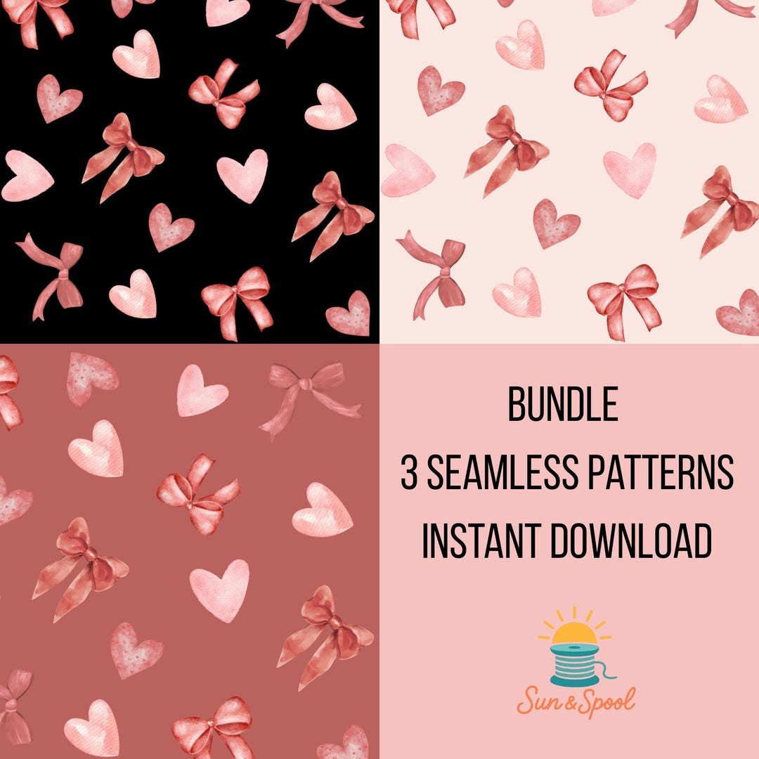 Valentine Hearts & Bows Seamless Patterns | Pink, Red, Black Watercolor ...