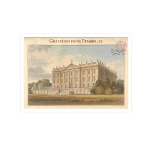 May include: A sticker featuring a watercolor illustration of a stately building, likely a historic estate. The image is framed with a border and includes the text "GREETINGS FROM PEMBERLEY" at the top. A postage stamp graphic is in the upper right corner.