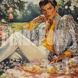Vergoldetes Picknick-Poster AI-Modekunst mit Kristallfruchtplatten und Blumenlandschaft Digitaler Download für Wand oder TV-Bildschirm