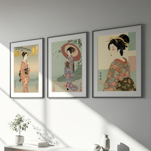 Japanese Wall Art | Ukiyo Beauty, Set of 3 | Ukiyo-e Prints, Geisha Art, Japandi Home Decor, 3 Piece Timeless Portrait, Digital Download