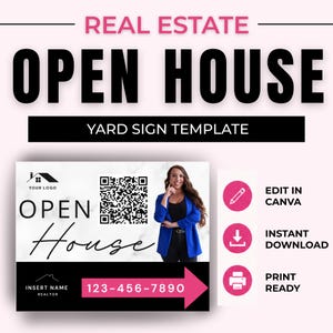 May include: A digital real estate open house yard sign template featuring a marble background, a QR code, a placeholder for a photo of a person in a blue blazer, and text including "OPEN HOUSE", "INSERT NAME REALTOR", and "123-456-7890" with a pink arrow.