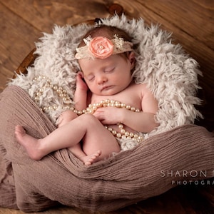 Newborn Headband Tieback, Rose Pink Flower Tieback, Vintage Lace Tieback, Newborn Halo, Organic Tieback, Baby Tieback, Newborn Photo Prop image 1