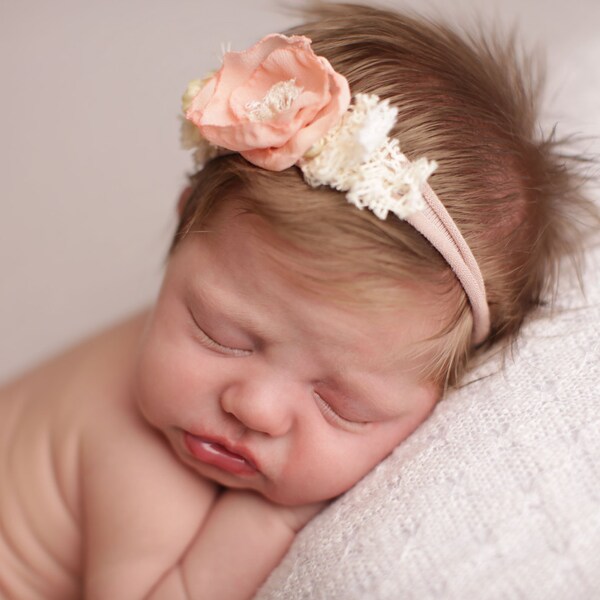 Newborn Photo Prop, Vintage Inspired Tieback, Newborn Tieback, Baby Tie Back, Spring Tieback, Pink Flower, Lace, Rose, Newborn Headband