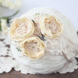 Newborn Headband, Cream Natural Tieback, Newborn Photo Prop, Vintage, Baby Girl Tie Back, Headband, Newborn Halo, Floral Crown, Lace