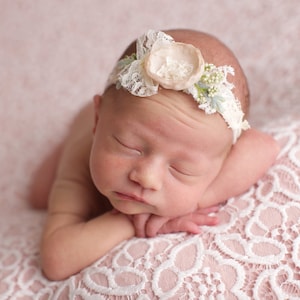 Newborn Flower Headband Photography Prop, Baby Neutral Vintage Headband, Photo Outfit Lace Tieback, Toddler Girl Birthday Headband Hair Bows