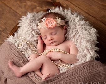 Newborn Headband - Tieback, Rose Pink Flower Tieback, Vintage Lace Tieback, Newborn Halo, Organic Tieback, Baby Tieback, Newborn Photo Prop