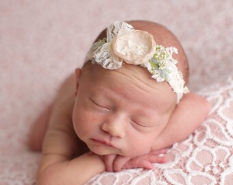 Newborn Flower Headband Photography Prop, Baby Neutral Vintage Headband, Photo Outfit Lace Tieback, Toddler Girl Birthday Headband Hair Bows
