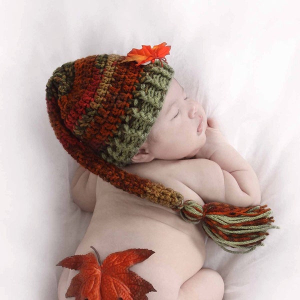 Newborn Elf Hat for Fall, Thanksgiving Crochet Hat for Baby,  Infant PHOTO PROP Beanie, Orange Brown Green Stocking Hat with Leaves