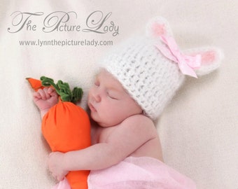 Baby Bunny Hat, Newborn Bunny Hat with Bow, Baby Girl Bunny Hat, Baby Crochet Hat PHOTO PROP