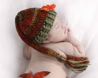 Newborn Elf Hat for Fall, Thanksgiving Crochet Hat for Baby,  Infant PHOTO PROP Beanie, Orange Brown Green Stocking Hat with Leaves