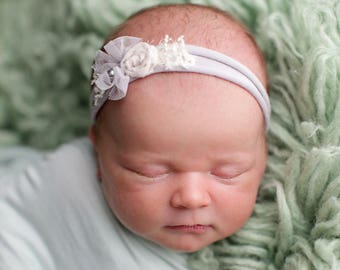 Newborn Tieback, Newborn Headband, Newborn Photo Prop, Rosette Tieback, Gray, Cream, Bow, Vintage Tieback, Baby Tie Back, Newborn Halo