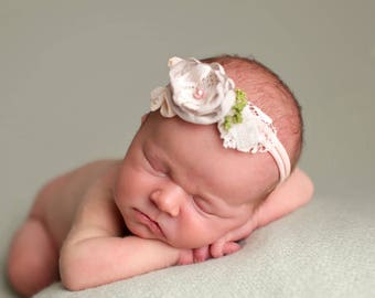 Newborn Tieback Headband,  Gray and Blush Tieback, Newborn Photo Prop, Newborn Tie Back, Newborn Headband, Newborn Halo, Floral Crown, Lace