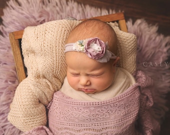 Newborn Tieback Headband - Newborn Photo Prop,  Dusty Plum Tieback, Newborn Tie Back, Floral Tieback, Newborn Halo Floral Crown, Spring Baby