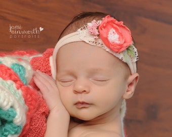 Tieback Headband, Newborn Headband, Newborn Photo Prop, Coral Pink Tieback, Spring Tieback, Newborn Tie Back, Newborn Headband, Newborn Halo