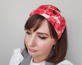 Floral Print Women Head Wrap Headband, Head Covering, Red Pink White Scrunchy Headband, Wide Headband Christian Head Scarf with Ties, Hair
