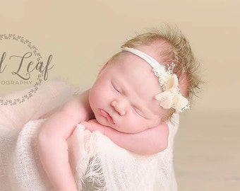 Newborn Bow Tieback, Newborn Tieback Headband, Newborn Tie Back, Cream Blush Bow Tieback, Vintage Headband, Newborn Photo Prop, Organic Halo