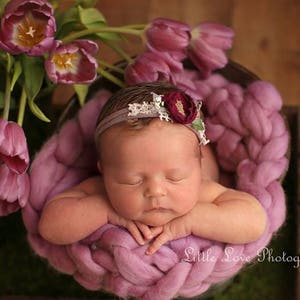 Newborn Headband, Tieback Beige Tan Berry Flower, Newborn Tieback, Newborn Photo Prop, Tie Back Headband, Flower Tieback, Halo, Fuchsia