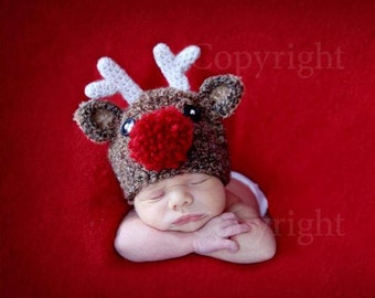 Newborn Reindeer Hat Christmas Hat, Baby Boy Girl Reindeer Hat, Child Christmas Hat,  Adult Reindeer Hat, Brown Crochet Hat PHOTO PROP