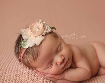 Newborn Girl Headbands, Baby Vintage Tieback, Blush Nude Cream Flower, Newborn Photo Prop, Birthday Outfit, Newborn Halo, Floral Hair Bows