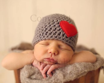 Valentine's Newborn Hat, Boy Hat, Valentine's Day Hat, Newborn Valentine's Photo Prop, Pink Gray Hat, Hat with Heart, Newborn Photo Prop