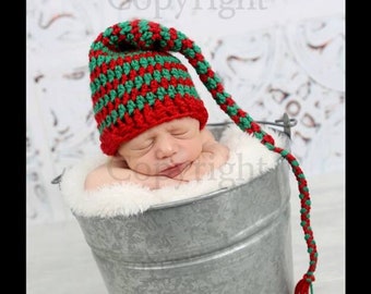 Newborn Christmas Elf Hat, Baby Stocking Christmas Hat,  Newborn Crochet Photo Prop, Red Green Stripes Holiday Festive Hat for Toddler Child