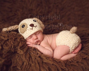 Baby Hat - Newborn  Puppy Hat and Diaper Cover set, Newborn PHOTO PROP, Crochet Puppy Hat, Crochet Photo Prop, Newborn Hat, Baby Boy Girl