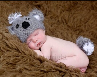 Newborn Koala, Newborn Koala Hat and Fluffy Tail,  Baby Koala Bear Hat,  Crochet Koala Hat, Baby Boy Hat, Baby Girl Hat,Newborn Photo Prop
