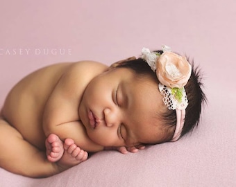 Blush Newborn Tieback Headband,  Spring Tieback, Newborn Photo Prop, Newborn Tie Back, Newborn Headband, Newborn Halo, Floral Crown, Lace